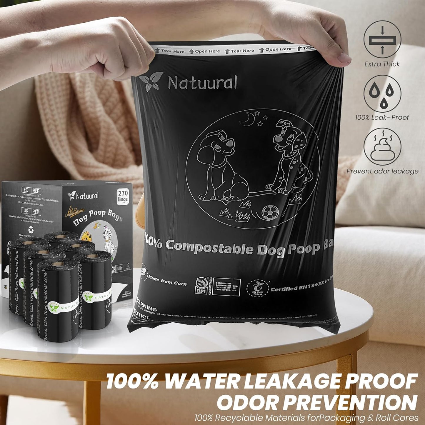 Certified Compostable Dog Poop Bags-270 Bags 18Rolls, Poop Bags for Dogs Made of Cornstarch - ASTM D6400 By USA, Leakproof Easy Open, Unscented Dog Waste Bags (Black)