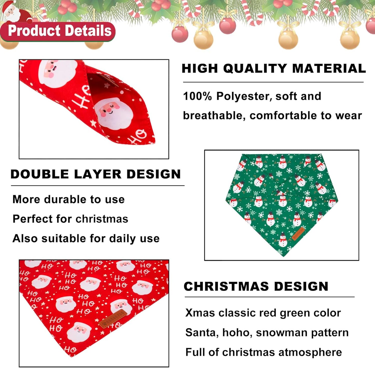 ADOGGYGO Christmas Dog Bandanas, Snowman Santa Xmas Pet Scarf, Multi Size Offered, Red Green Christmas Bandana for Medium Large Dogs Pets (Large)