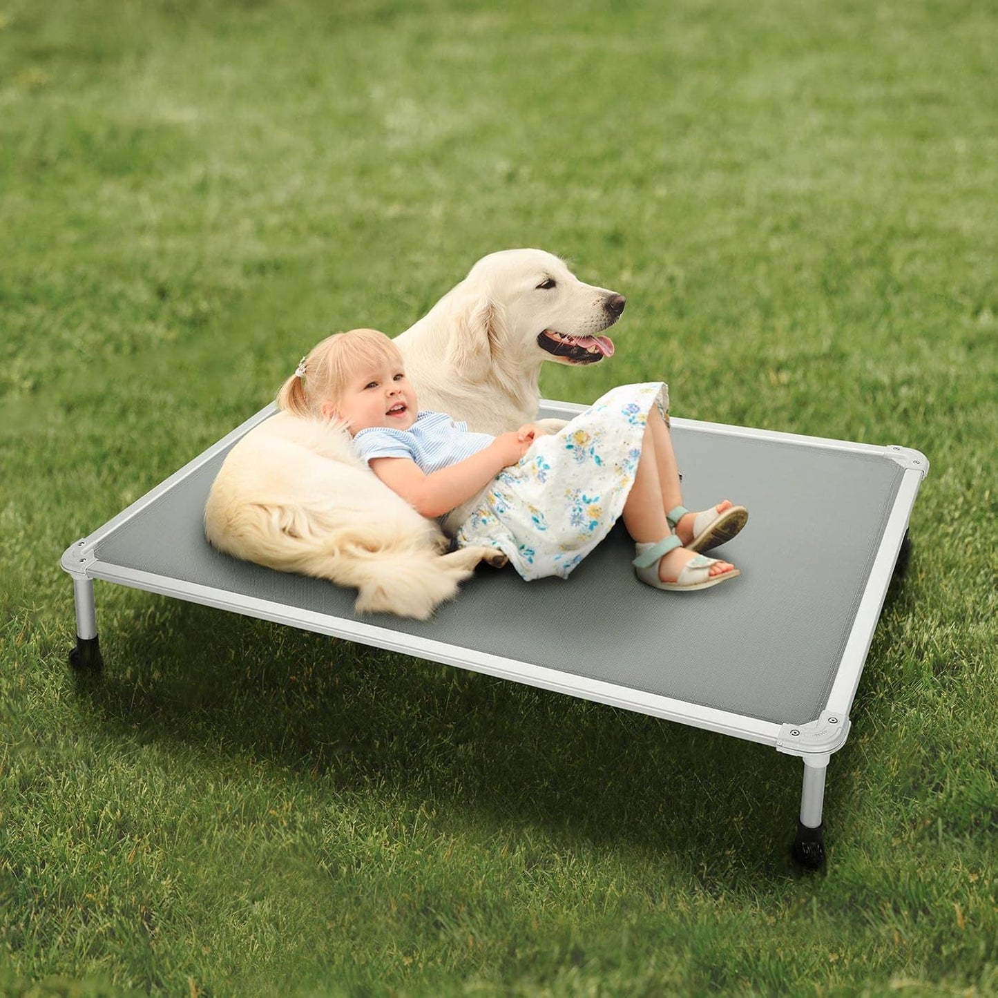 Veehoo Chew Proof Elevated Dog Bed - Cooling Raised Pet Cot - Silver Aluminum Frame and Durable Textilene Mesh Fabric, Unique Designed No-Slip Feet for Indoor or Outdoor Use, Grey, X-Large, CWC2003