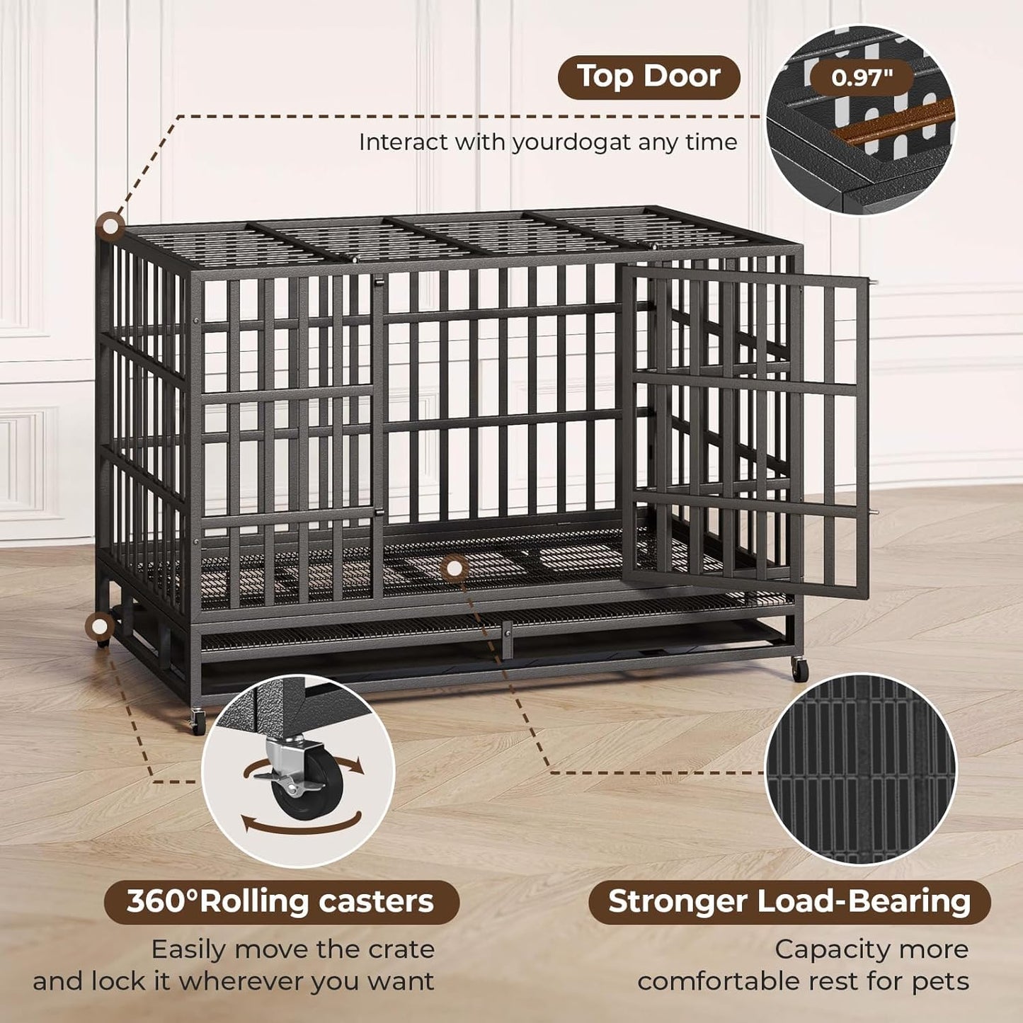48 Inch Heavy Duty Indestructible Dog Crate Steel Escape Proof, Indoor Double Door High Anxiety Cage, Kennel with Wheels, Removable Tray, Extra Large XL XXL