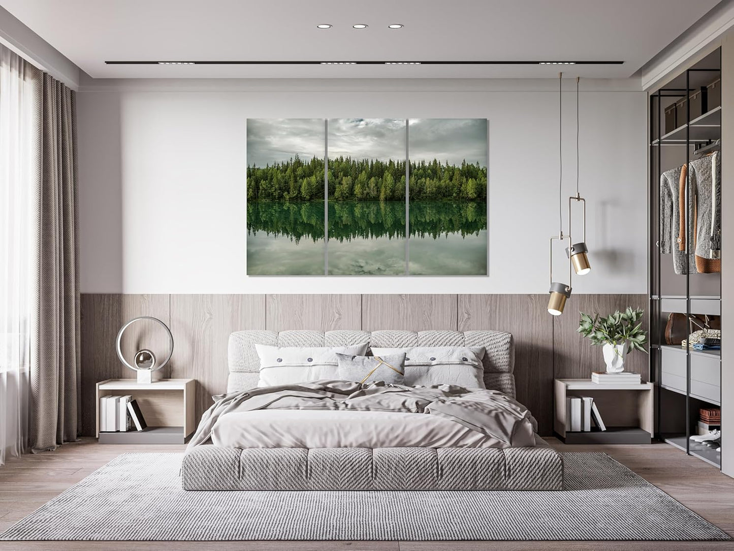 Nature Wall Art Prints - Ocean Forest Mountain Lake Canvas Landscapes - Small to Extra Large Living Room Bedroom Kitchen Bathroom Décor (Forest Reflection, 39L" x 59W" - 3 Panels)