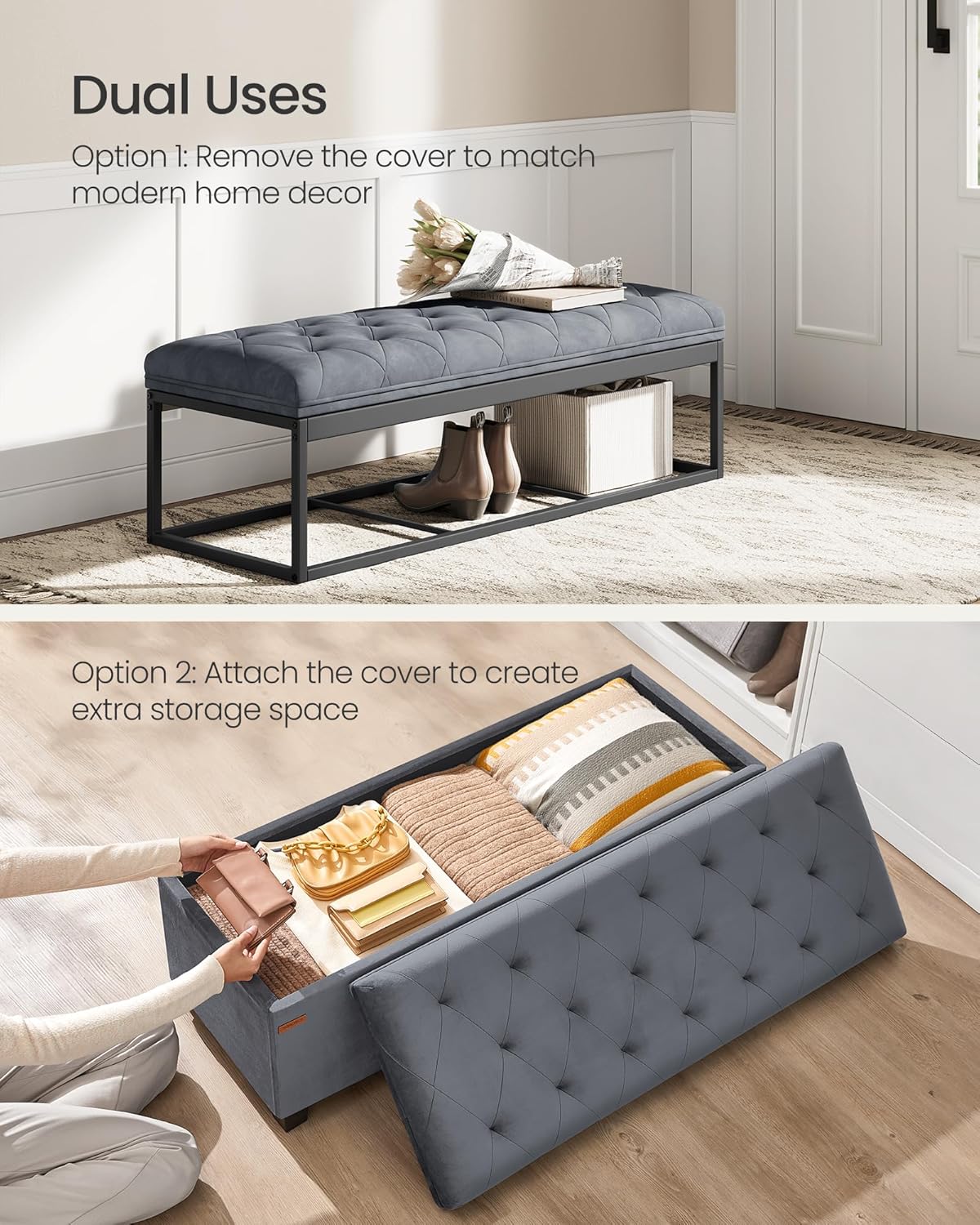 SONGMICS Velvet Storage Ottoman Bench, Foot Rest with Legs, 15.7 x 43 x 15.7 Inches, End of Bed Bench, Storage Chest, Load up to 660 lb, for Living Room, Bedroom, Entryway, Slate Gray ULSF089G01