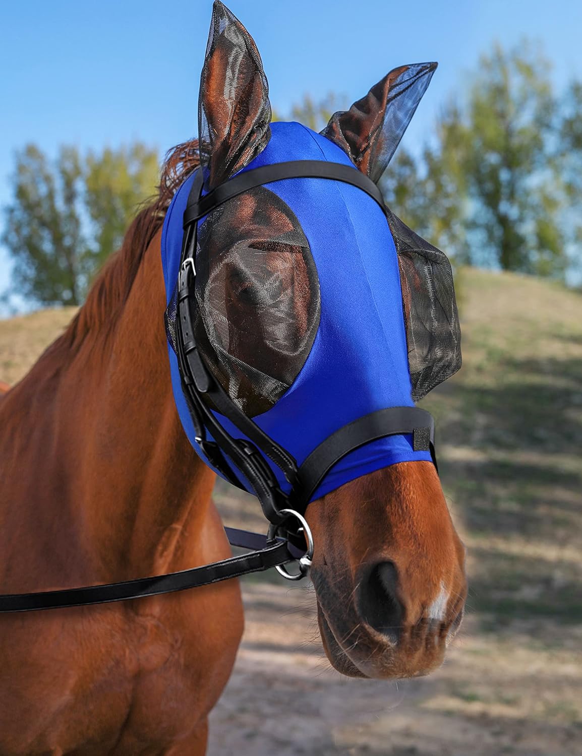Horse Fly Mask with Ears, UV Protection Mask for Horses, Elasticity Mask with Big Mesh Eye Covers, Snug Fitting Comfortable Breathable Lightweight Royal Blue Full Size