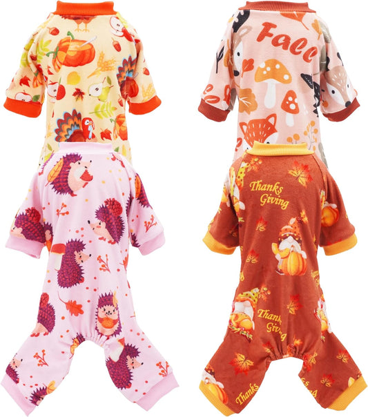 PET SHOW 4 Pack Fall Small Dog Pajamas Thanksgiving Clothes for Medium Dogs Girl Boy Soft Stretchy PJs Autumn Jumpsuit Puppy Onesies Outfits with Sleeve Pets Dachshund Costume XL