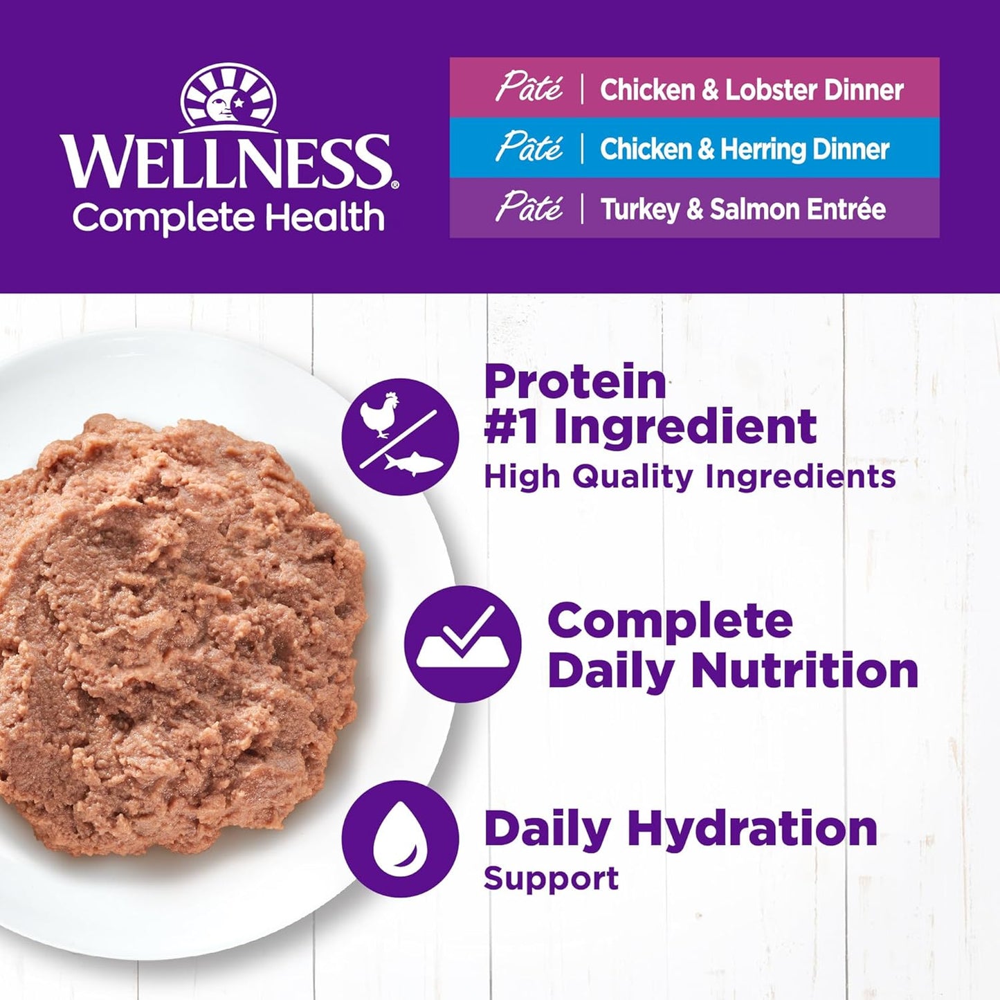 Wellness Complete Health Pate Adult Wet Cat Food, Natural, Protein-Rich, Grain-Free, 3 Ounce, 12 Pack, (Seafood Variety Pack)