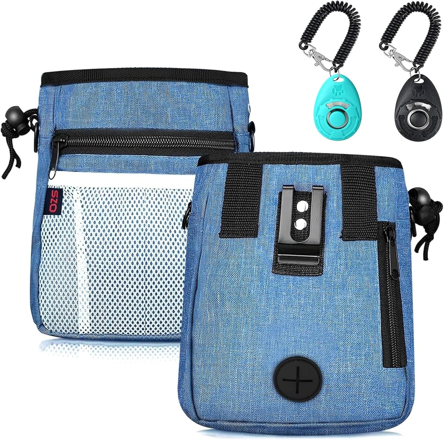 Dog Treat Pouch - 3 Ways to Wear Treat Pouches for Pet Training and 2 Pieces Clicker Taining for Dogs, Dog Training Treat Pouch Bag and Dog Clicker for Training with Waist Belt Shoulder Strap - Blue
