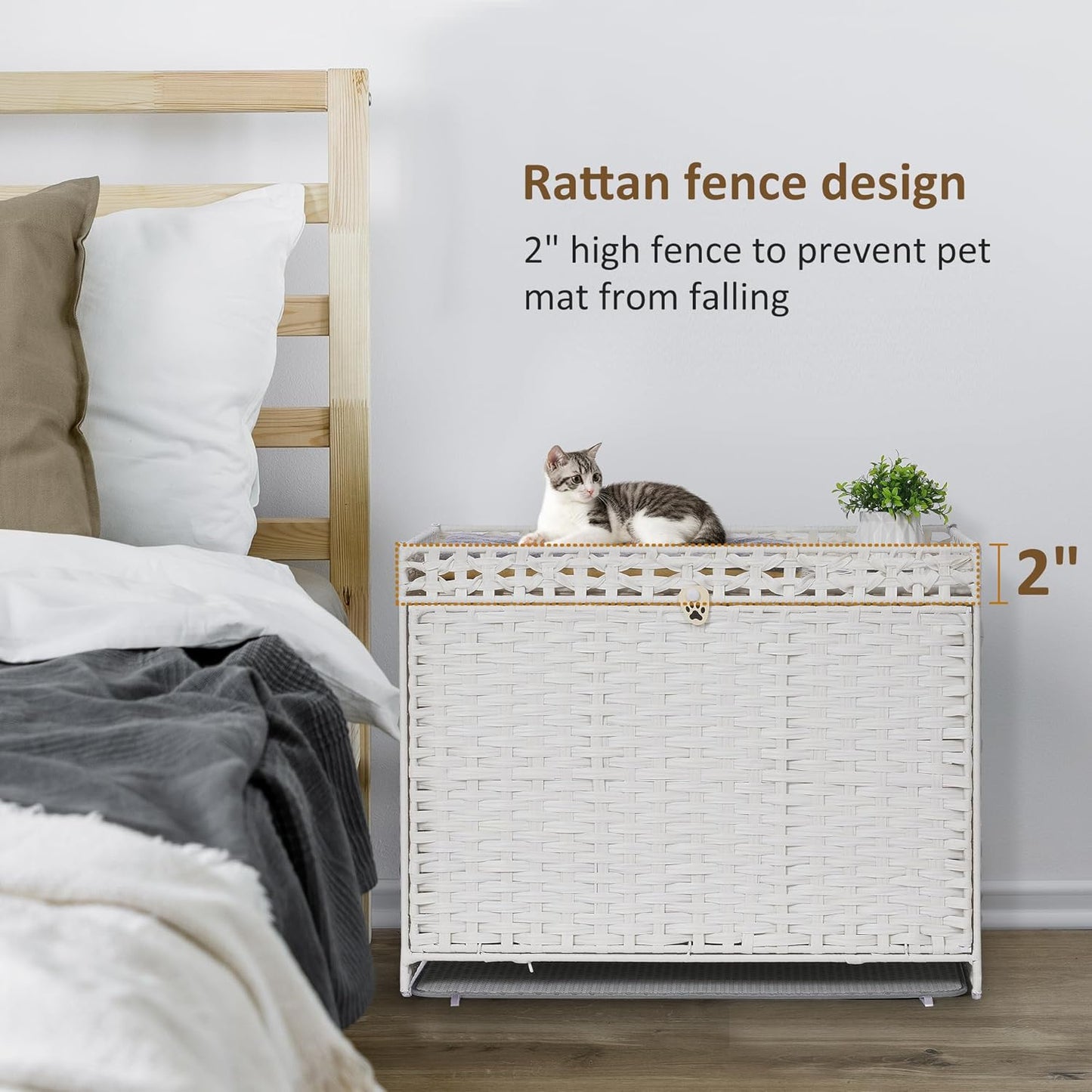 Cat Litter Box Enclosure with Soft Litter Mat; Hidden Cat Washroom Furniture with Door; Handwoven Rattan Cat House with Large Space; Pet Crate for Living Room, Bedroom, Balcony (White)