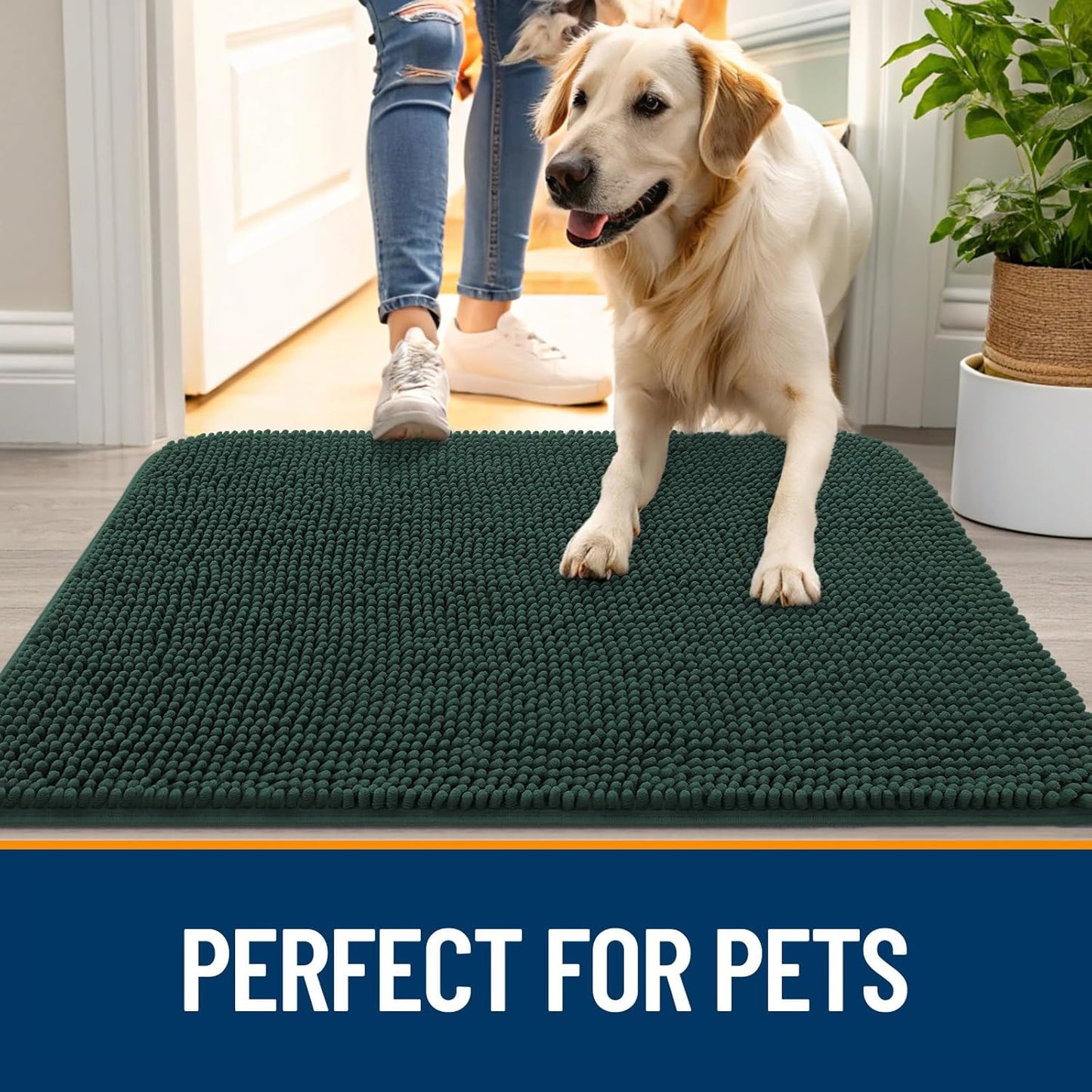 OLANLY Dog Door Mat for Muddy Paws 59x24, Absorbs Moisture and Dirt, Absorbent Non-Slip Washable Doormat, Quick Dry Chenille Mud Mat, Entry Indoor Entryway Carpet for Inside Floor, Blackish Green