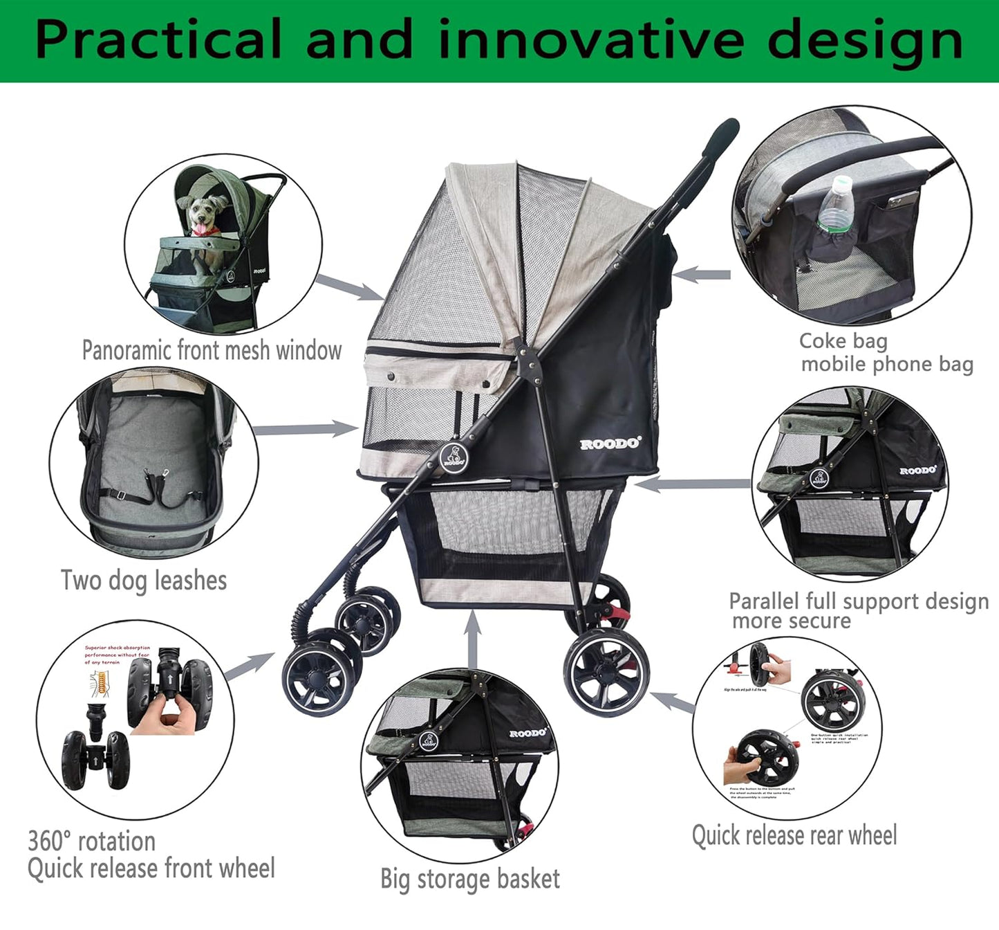 ROODO 4 Wheel Dog Cat Pet Stroller Best Lightweight Foldable Compact Portable Jogger All Terrain Travel Pet Gear Puppy Doggie Bunny Kitty Stroller for up to 30lbs Medium Small Dogs Cats(Light Khaki)