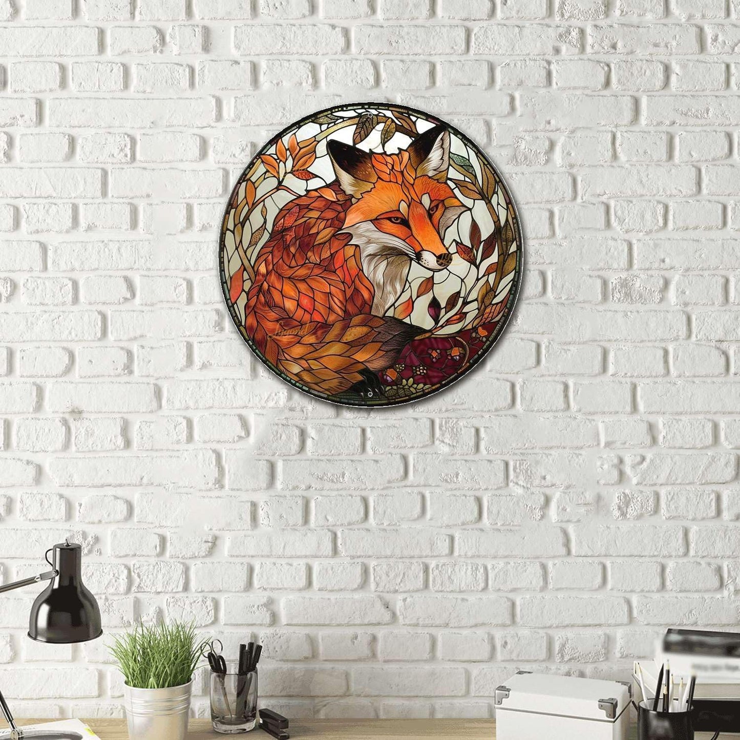 Lygond Metal Sign Tin Sign Circular Stained Glass Red Fox2 Gardening Sign for Yard 8×8 Inches