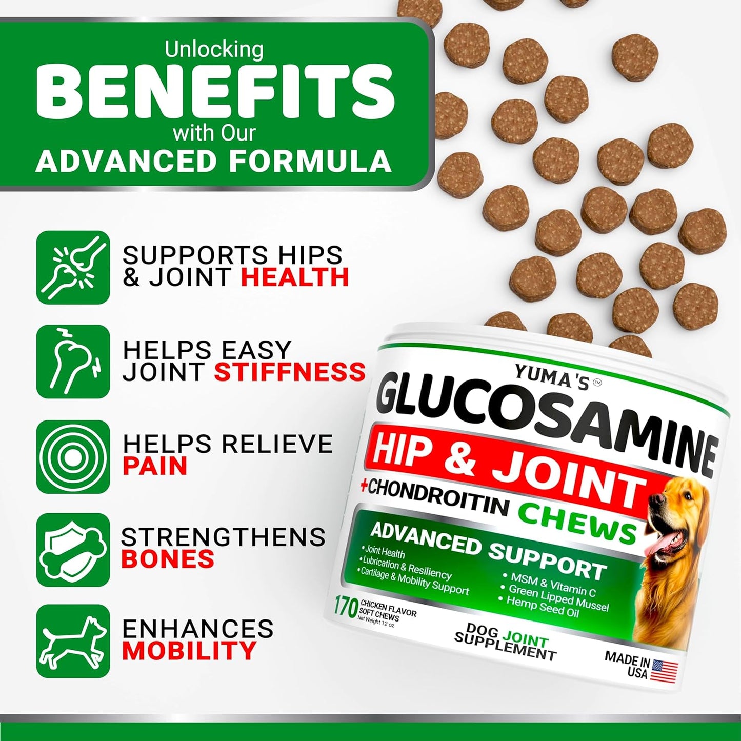 YUMA'S Glucosamine for Dogs - Hip and Joint Supplement for Dogs - 170 Ct - Glucosamine Chondroitin Chews - Joint Pain Relief Supplement with MSM - Advanced Health - Mobility Support - Made in USA