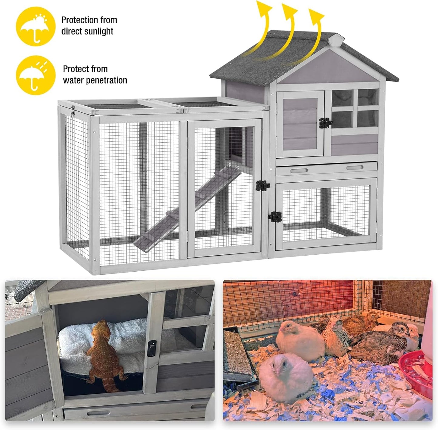 Aivituvin Rabbit Hutch Indoor Bunny Cage Outdoor with Run Chicken Coop Guinea Pig House with Waterproof Asphalt Roof,No Leakage Pull Out Tray