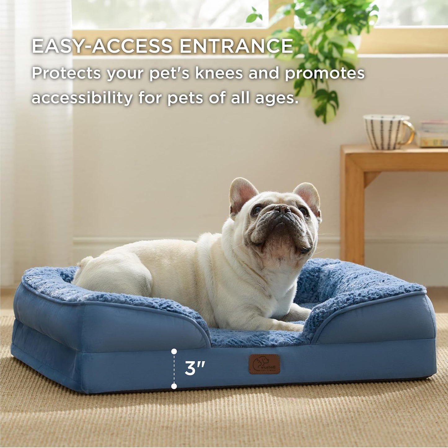 Bedsure Orthopedic Dog Bed Medium Size Dogs - Washable Medium Dog Cat Bed Waterproof, Comfort Pet Couch Sofa with Washable Removable Cover, Pets Bed with Nonskid Bottom, Plush-Blue, 28"