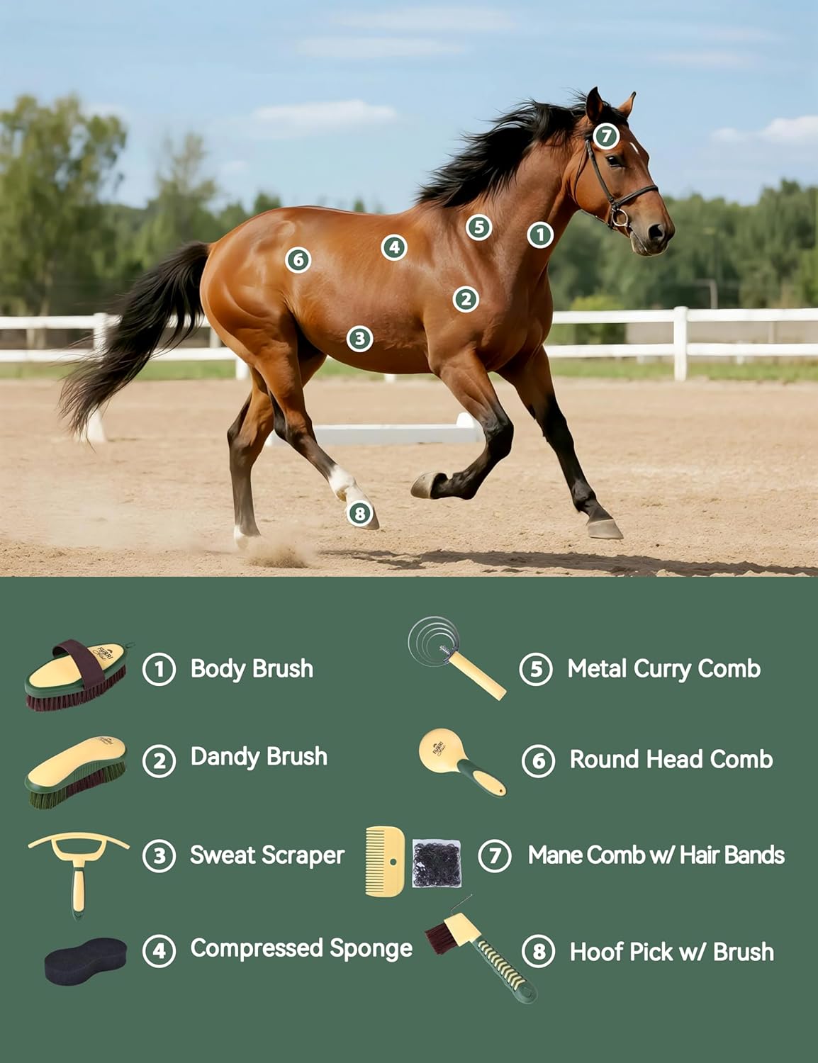 9PCS Horse Grooming Kit Curry Comb Sweat Scraper Horse Bathing Supplies Grooming Tools with Storage Bag Pasture Glow