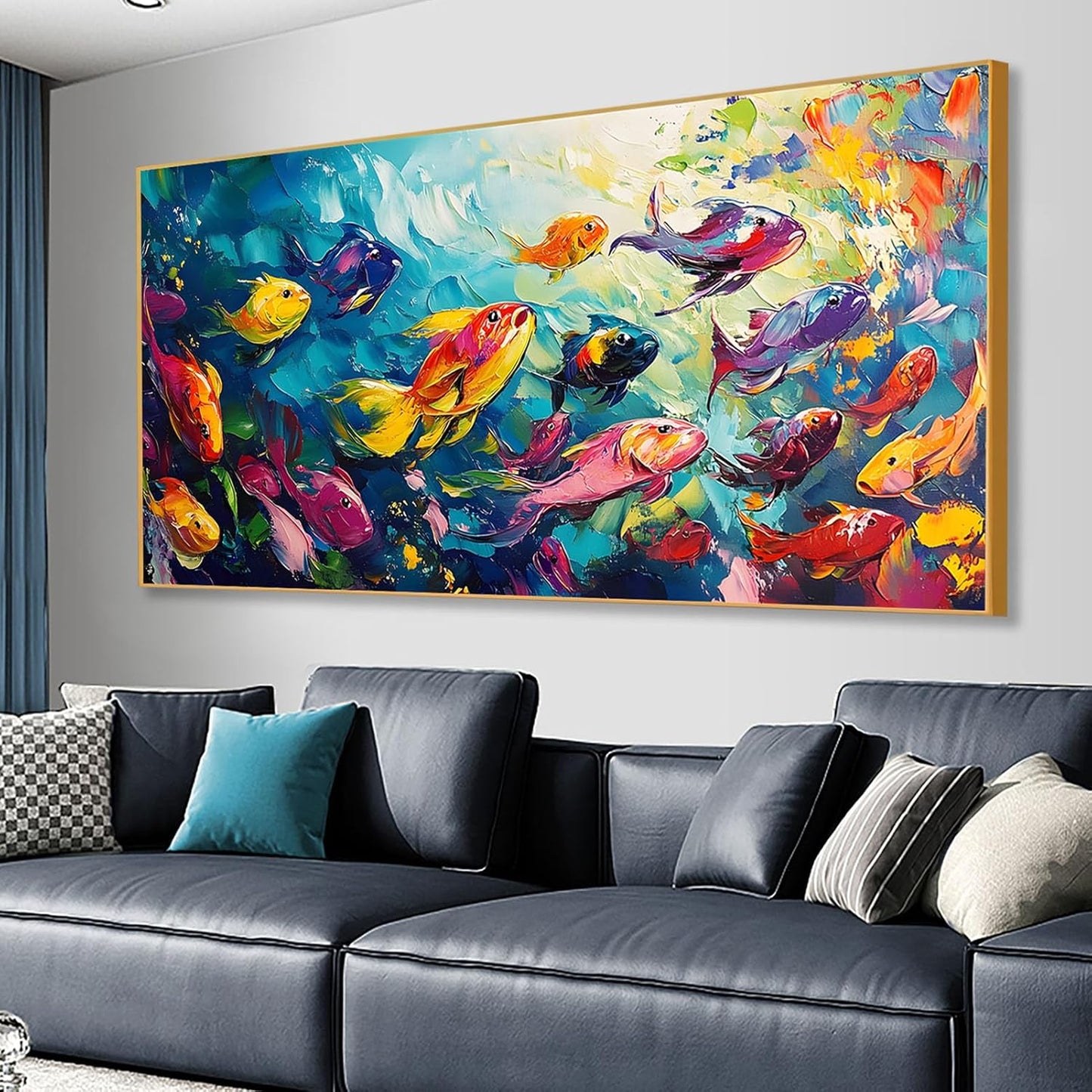 School of Fish Printed Canvas Wall Art – Framed Abstract Ocean Print – Vibrant Fish Wall Decor for Living Room, Bedroom, Office (Gold Framed, 47"x23"|120x60cm)