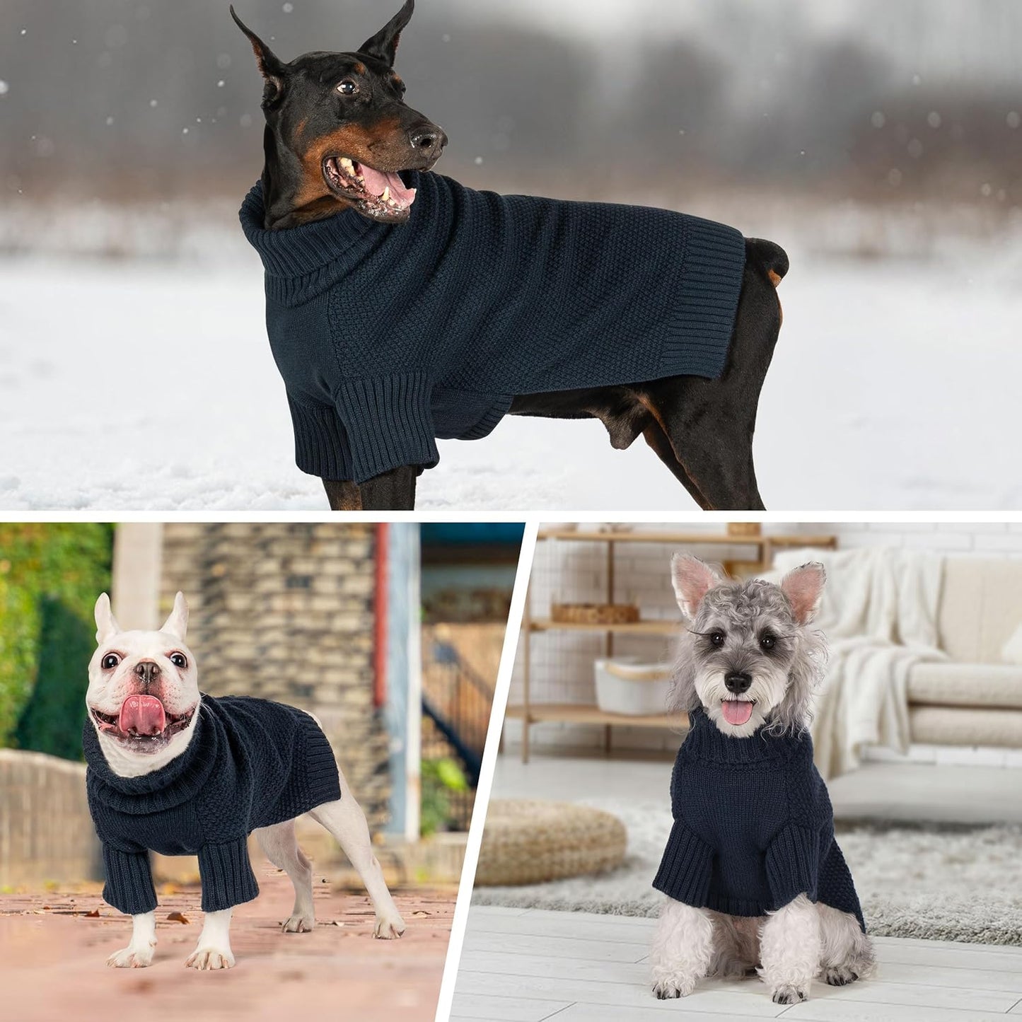 cyeollo Dog Sweaters for Small Dogs Boy, Pullover Turtleneck for Dogs Male, Knitted Doggy Fall Winter Warm Cold Weather Dog Clothes Apparel with Sleeves, Navy L