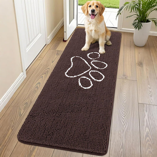 Smiry Dog Door Mat for Muddy Paws, Absorbent Dirt Trapper Non Slip Quick Dry Washable Chenille Mat for Mud Dogs, Entry Rug for Indoor and Outdoor (70x24 Inches, Brown and White)
