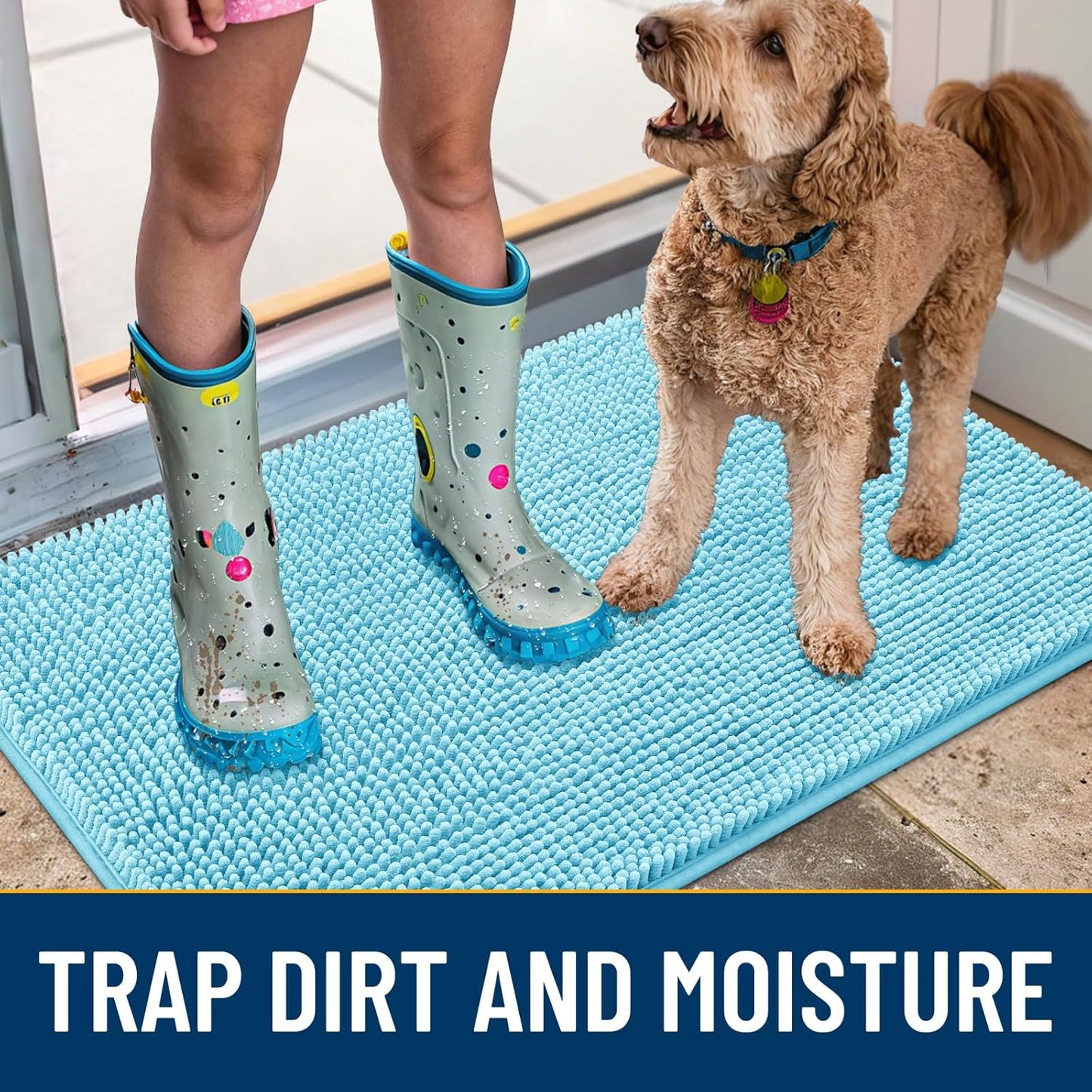 Smiry Dog Door Mat for Muddy Paws 36x24, Absorbs Moisture and Dirt Doormat, Non-Slip Washable Quick Dry Chenille Front Door Mat Indoor Entrance, Entryway Carpet for Inside Floor, Sky Blue