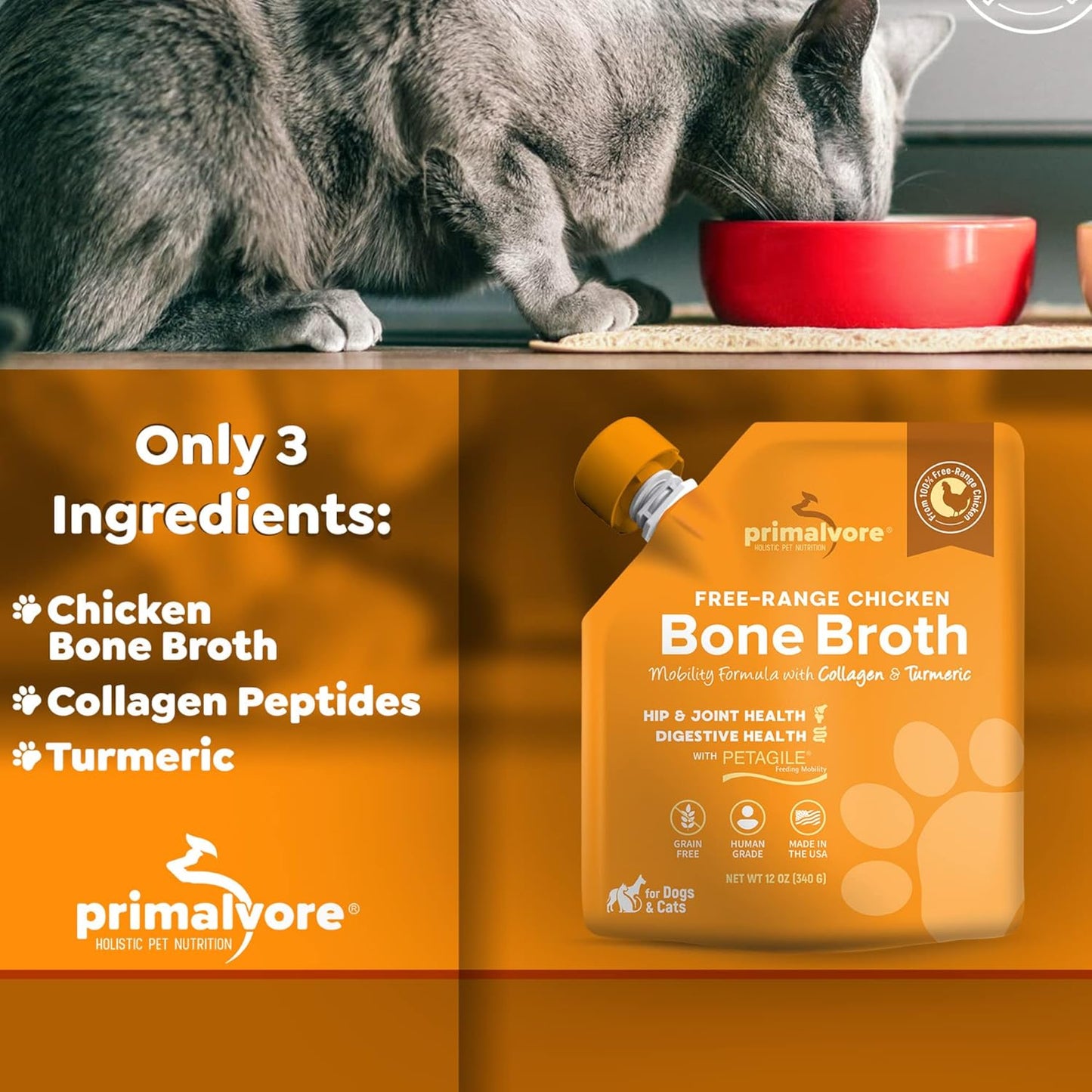 Primalvore Free-Range Bone Broth for Dogs &Cats, Mobility Formula w/Collagen Peptides to Help Support Hip & Joints, Digestion, Skin & Coat and Hydration, Human Grade, Made in USA. Chicken 6 Pack