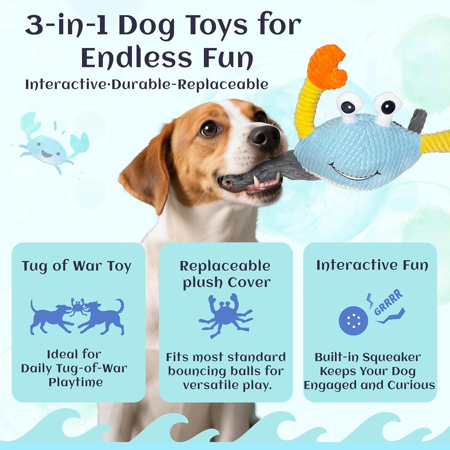 Dog Toys for Aggressive Chewers – 3-in-1 Squeaky Interactive Chew Toy with Spiky Ball for Small, Medium & Large Dog, Pet Plush Toys（Bouncing Ball Not Included）