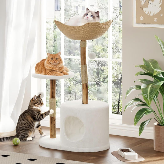 Modern Wood Cat Tree Tower for Large Cats | Luxury Solid Pear Wood Condo with Platforms, Scratching Posts & All-Season Mats, 43" Aesthetic Cat Furniture, 1 Branch