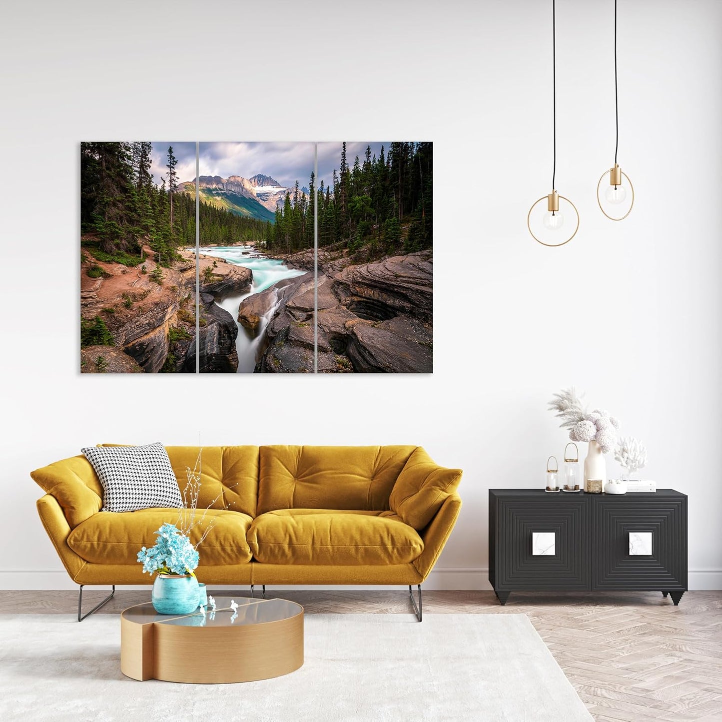 Nature Wall Art Prints - Ocean Forest Mountain Lake Canvas Landscapes - Small to Extra Large Living Room Bedroom Kitchen Bathroom Décor (Mountain River Waterfall, 35L" x 53W" - 3 Panels)