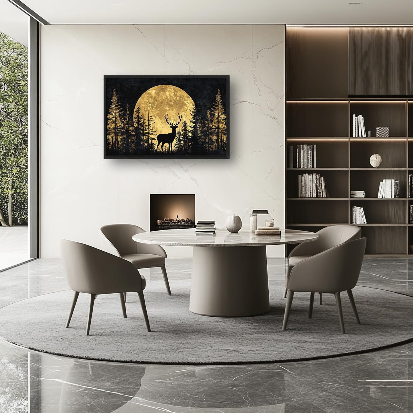 Large Moon Forest Deer Wall Art for Living Room, Black Deer Canvas Oversized Wall Decor, Elk Animal Aesthetics Framed Pictures Painting Print Artwork for Bedroom Office 36L" x 24W"