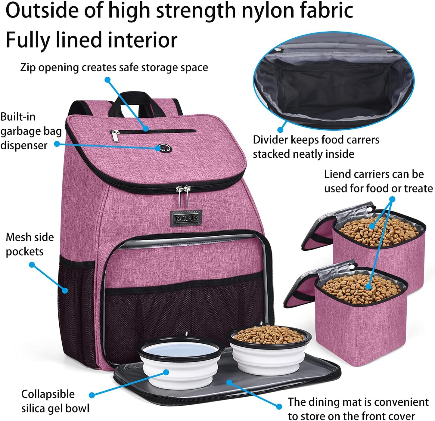 BAGLHER丨Dog Travel Bag, Airline Approved Pet Supplies Backpack, Dog Travel Backpack with 2 Silicone Collapsible Bowls and 2 Food Baskets