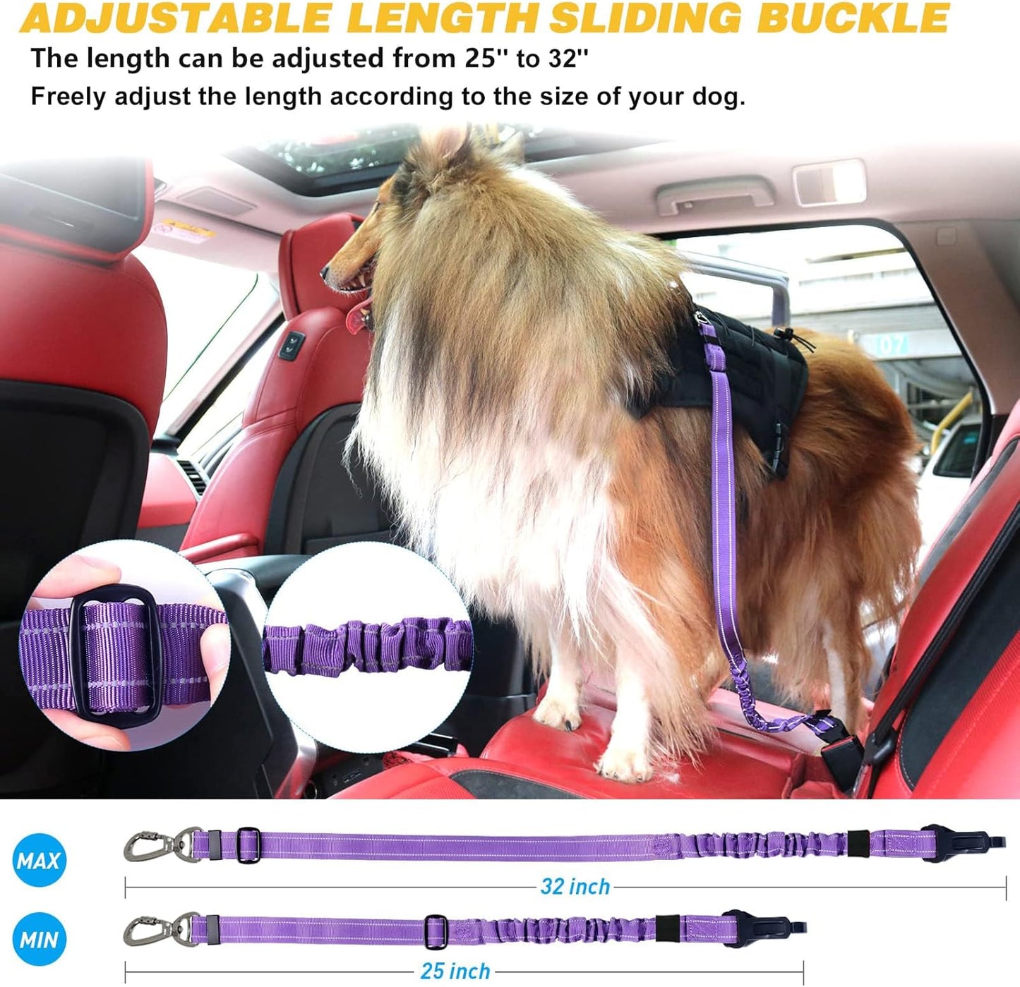 AUBELL Dog Seat Belt for Car,Updated 3-in-1 Adjustable Reflective Bungee Heavy Duty Dog Car Harness Tether with Clip Hook Latch & Buckle,Swivel Zinc Alloy Carabiner,Purple