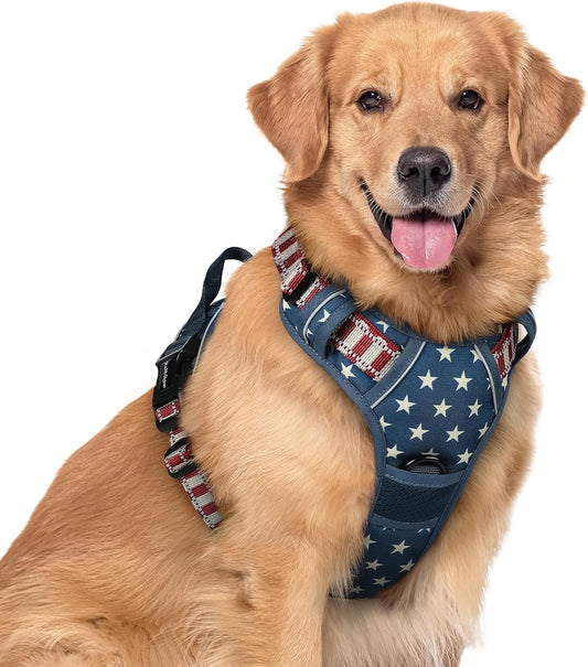 rabbitgoo Dog Harness No Pull with 2 Leash Clips, Adjustable Soft Padded, Reflective Oxford No Choke Pet Vest with Easy Control Handle for Large Dogs, Blue Star, XL