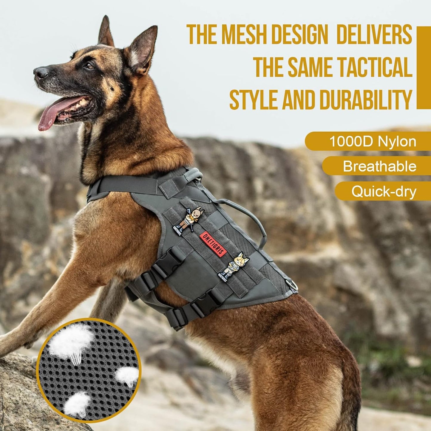 OneTigris Tactical Dog Harness for Small Dogs, No Pull Small Dog Vest Harness with Handles Breathable Military Dogs Molle Vests, Harness for Walking Hiking Training (Grey, XS)