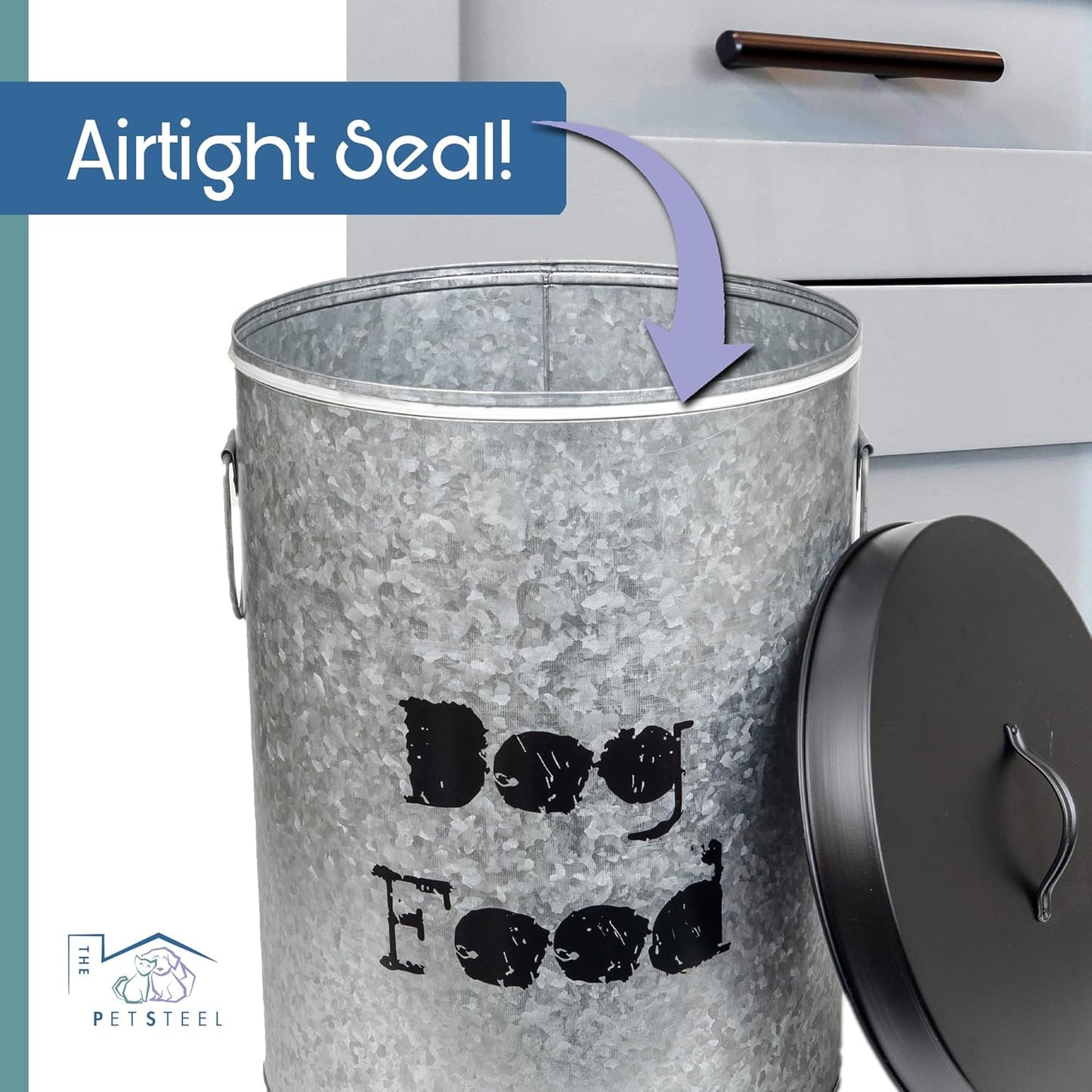 Medium 40lb Dog & 30lb Cat Pet Food Storage Canister with Scoop Combination – Durable & Airtight for Freshnesss, Minimalist Design & Recyclable, Medium Metal Container