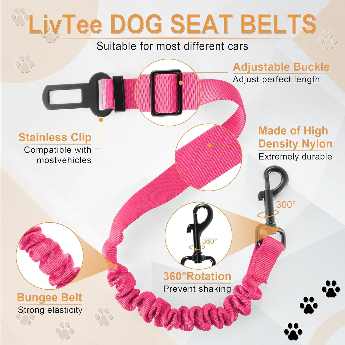 LivTee Dog Seat Belt for Car, Retractable Pet Safety Harness, Adjustable Nylon Dog Seatbelt Leash, Comfortable Dog Accessories for Vehicles (Pink-2PCS)