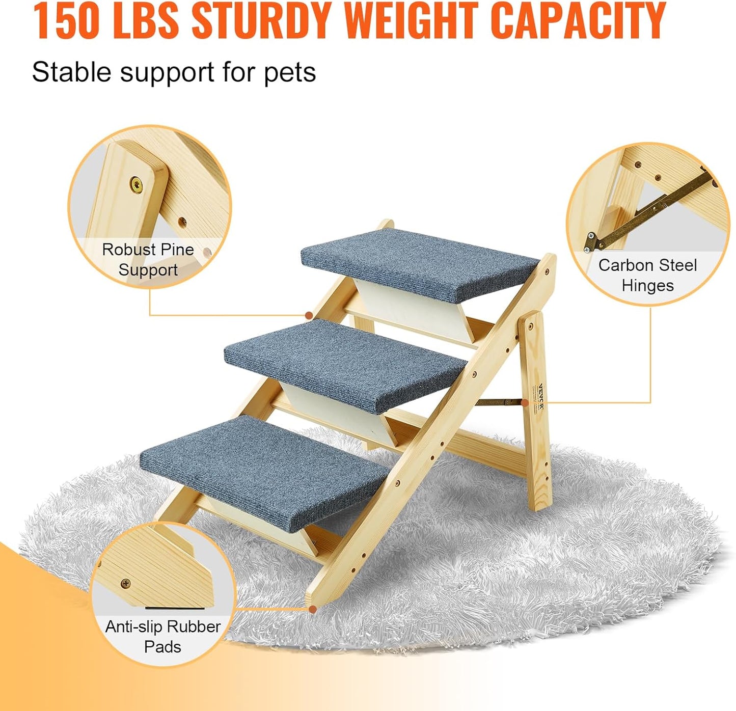 VEVOR Wood Pet Stairs/Pet Steps, 2-in-1 Foldable Wooden Dog Stair for Beds, Sofa and Cars, Dog Stairs & Ramp with 3 Steps for Small Medium Large Pet, up to 150 lbs