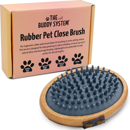 The Buddy System Rubber Pet Close Brush, Soft Touch Oval Palm Brush - Bamboo Massage Handheld with Rubber Bristles and Elastic Band for Dogs and Cats - Gray