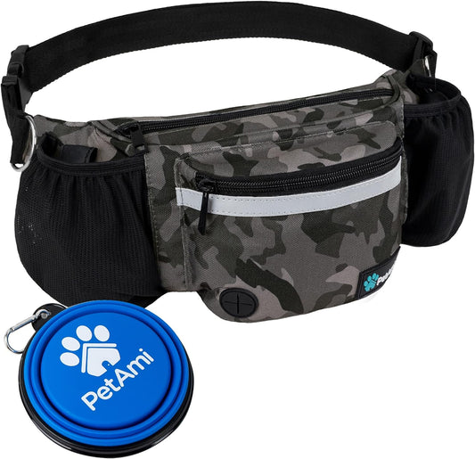 PetAmi Dog Fanny Pack, Treat Pouch for Dog Walking, Training, Built in Poop Bag Dispenser, Water Bottle Holder, Collapsible Bowl, Pet Treat Waist Belt for Hiking, Running, Kibbles (Camo Black)