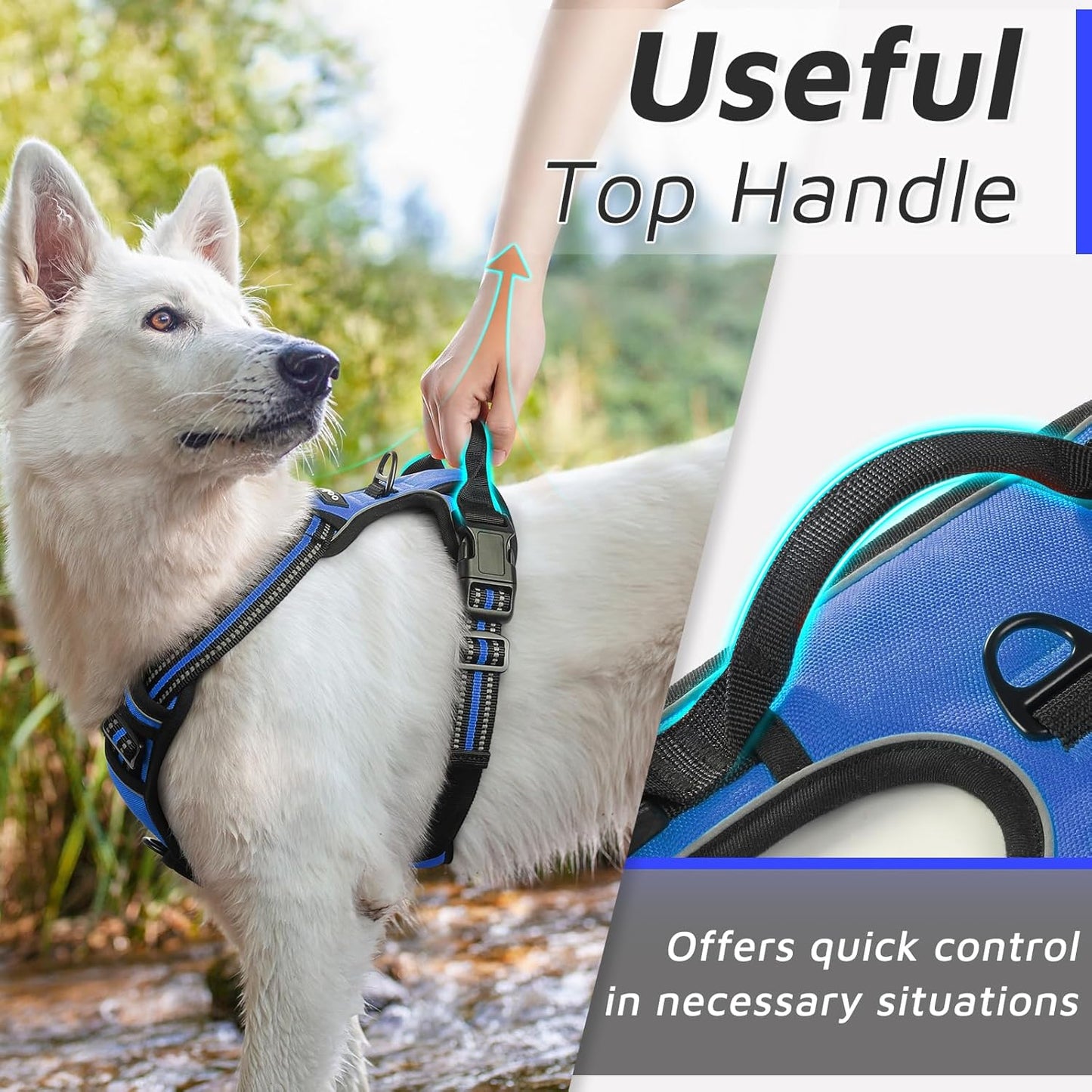 Eagloo Dog Harness Medium Sized Dog, No Pull Service Vest with Reflective Strips and Control Handle, Adjustable and Comfortable for Easy Walking, No Choke Pet Harness with 2 Metal Rings, Blue, M