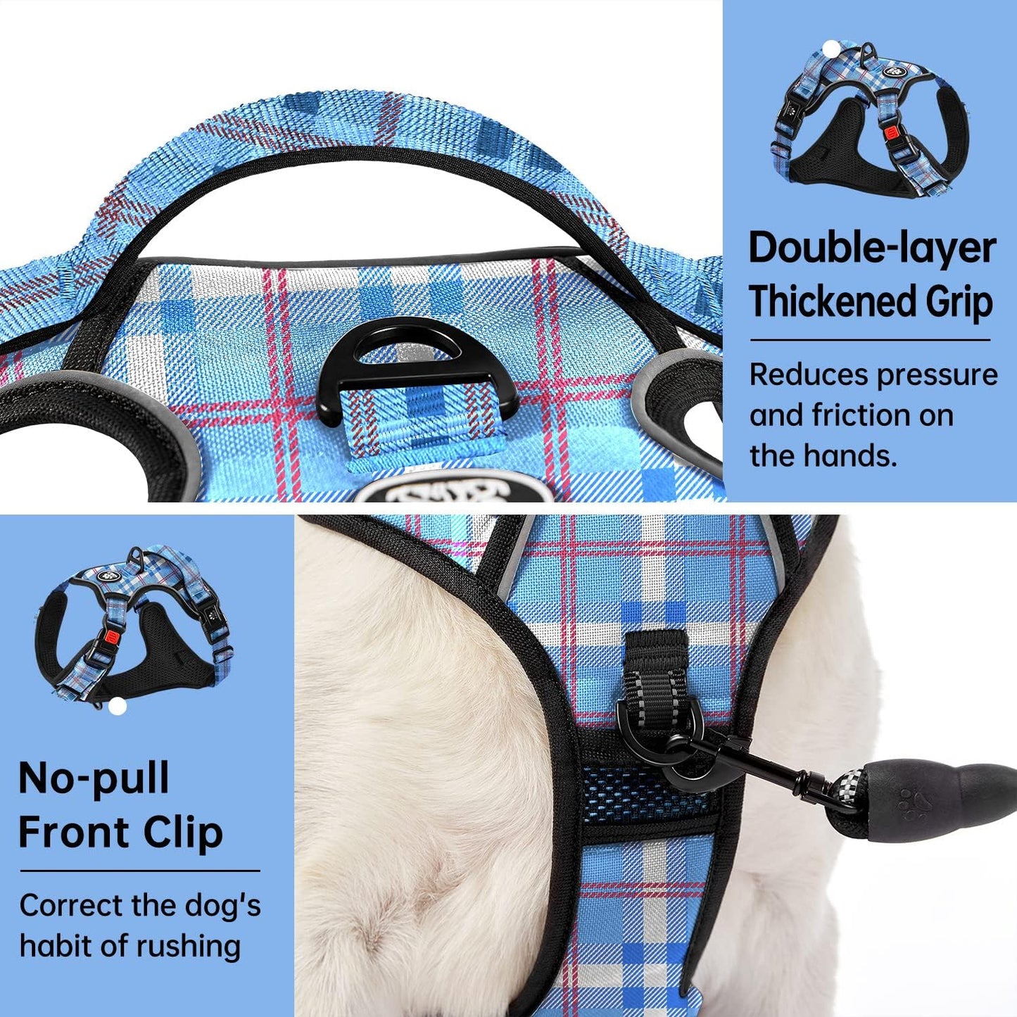 IVY&LANE No Pull Dog Harness with Leash Set, Reflective No Choke Pet Vest,Adjustable Oxford Dog Vest Harness with Easy Control Handle for Medium Lagre Dogs (Checkered Blue,M)