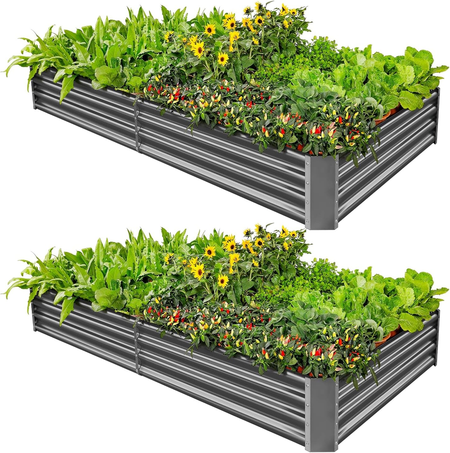 Land Guard 2 Pack 8×4×1ft Galvanized Metal Raised Garden Bed, Metal Planter Kit Box Outdoor for Deep-Rooted Vegetables, Flowers, Green and Herbs (Mid-Grey)