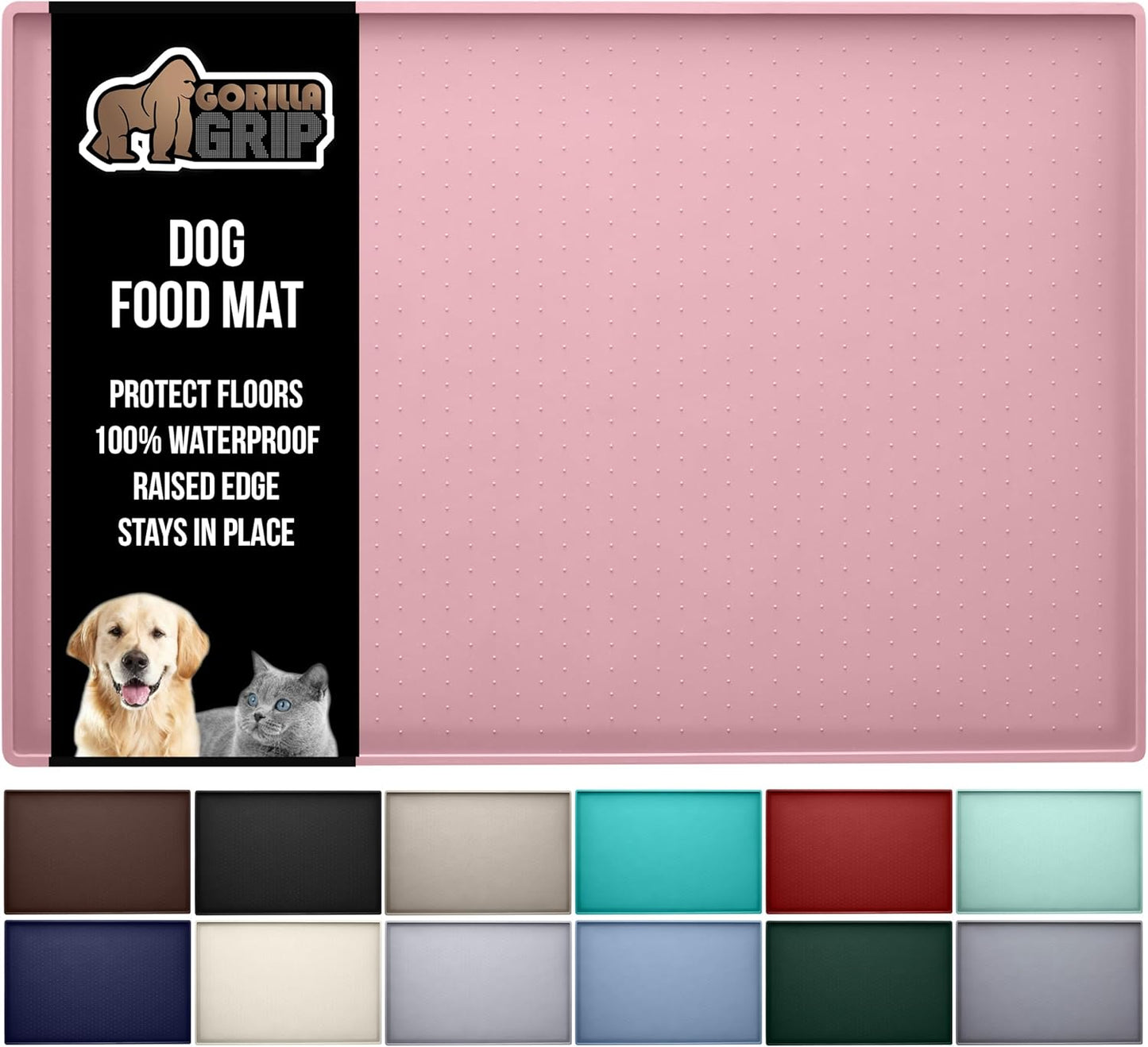 GORILLA GRIP 100% Waterproof Raised Edge BPA Free Silicone Pet Feeding Mat, Dog Cat Food Mats Contain Spills Protects Floors, Placemats for Cats and Dogs Water Bowl, Pets Accessories 18.5x11.5 Pink