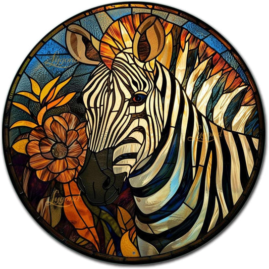 Lygond Metal Sign Tin Sign Circular Stained Glass Zebra Home Decor for Bar 12×12 Inches