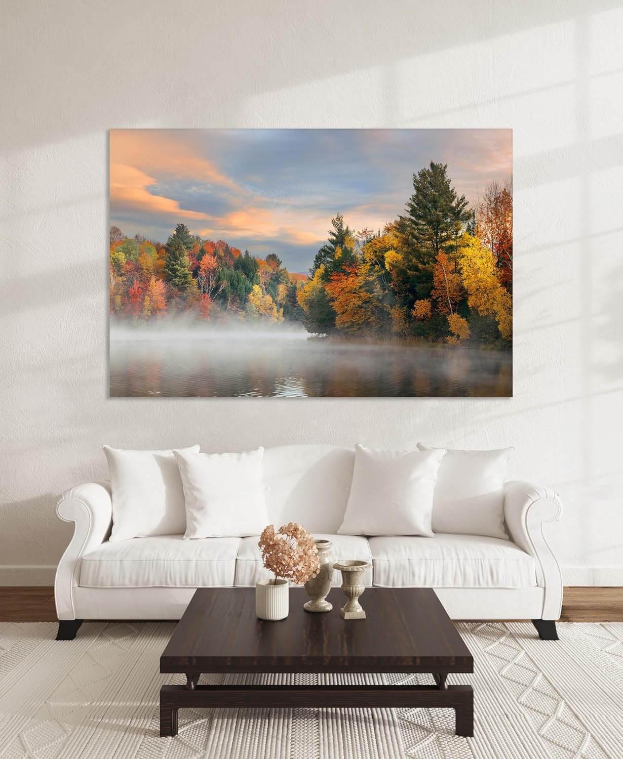 Nature Wall Art Prints - Ocean Forest Mountain Lake Canvas Landscapes - Small to Extra Large Living Room Bedroom Kitchen Bathroom Décor (Misty Fall Reflection, 35L" x 53W")