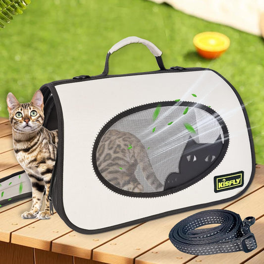 Cat Carrier Purses for Women, Airline Approved Pet Travel Bag for Cats, Kittens, Rabbits up to 10 lbs - Collapsible, Soft-Sided,16x10x10 in, Breathable Mesh with Kitty Pattern, Collar and Leash, Cream