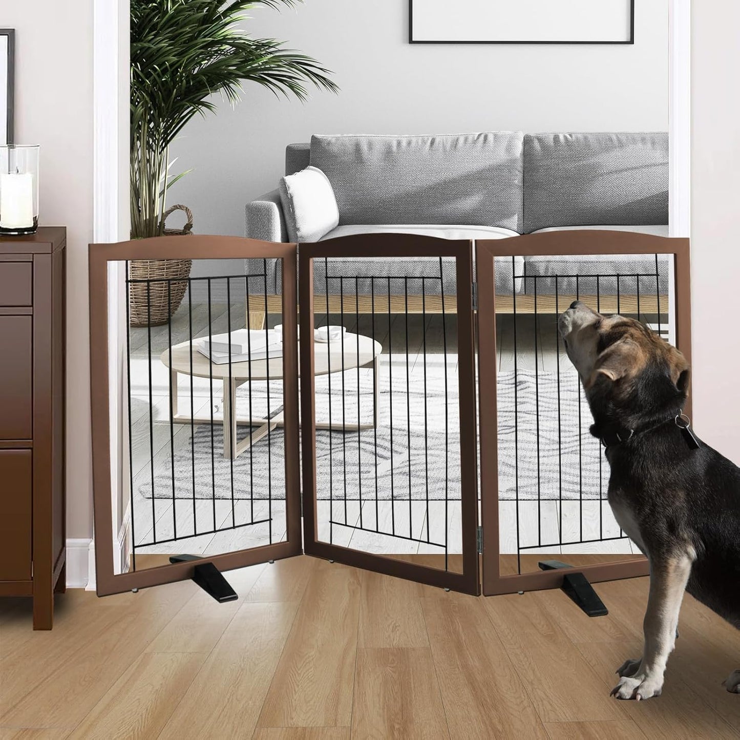 ZJSF Freestanding Dog Fence Indoor, Foldable Dog Gate for Doorways, Stairs or Hallways, Sturdy Wood Extra Wide Pet Gate with Support Feet for The House, Brown, 32 "Height-3 Panels