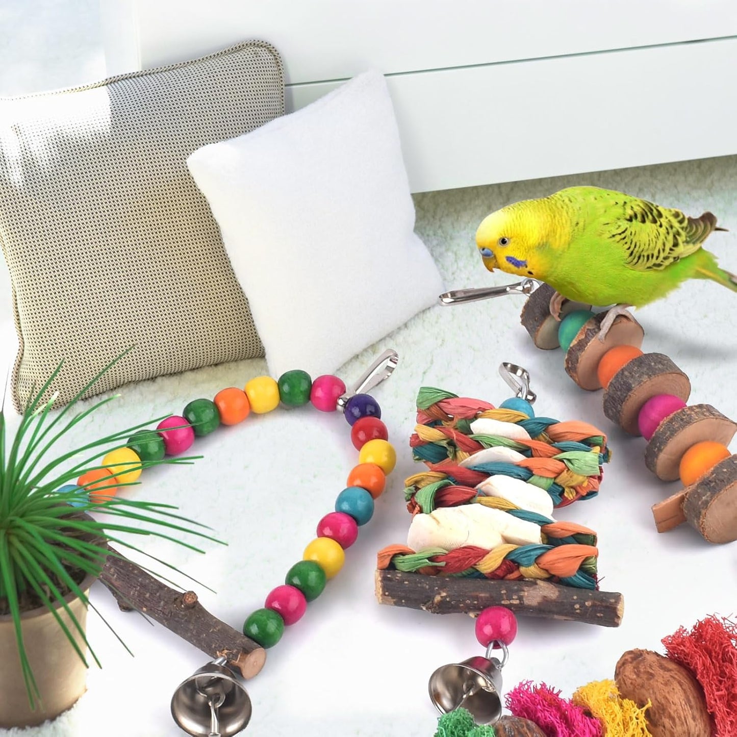 Bissap Bird Chew Toys, 7 Packs Parakeet Natural Wood Toys Parrot Hanging Cage Toy Perch Stand for Small Birds Conure Cockatiel Parrotlet Lovebird Budgie