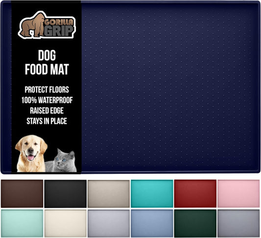 GORILLA GRIP 100% Waterproof Raised Edge BPA Free Silicone Pet Feeding Mat, Dog Cat Food Mats Contain Spills Protects Floors, Placemats for Cats and Dogs Water Bowl, Pets Accessories 16x10, Navy