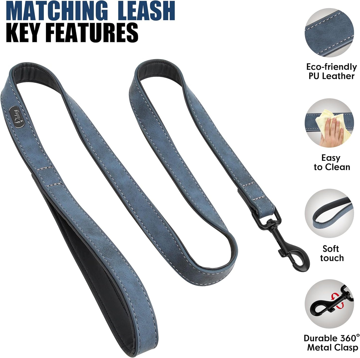 Didog Soft Padded Leather Dog Collar and Leash Set, Adjustable Dog Leash and Collar Set with Metal Buckle, Breathable Dog Collars with 4FT PU Leather Dog Leash for Medium Large Dogs, Blue, L