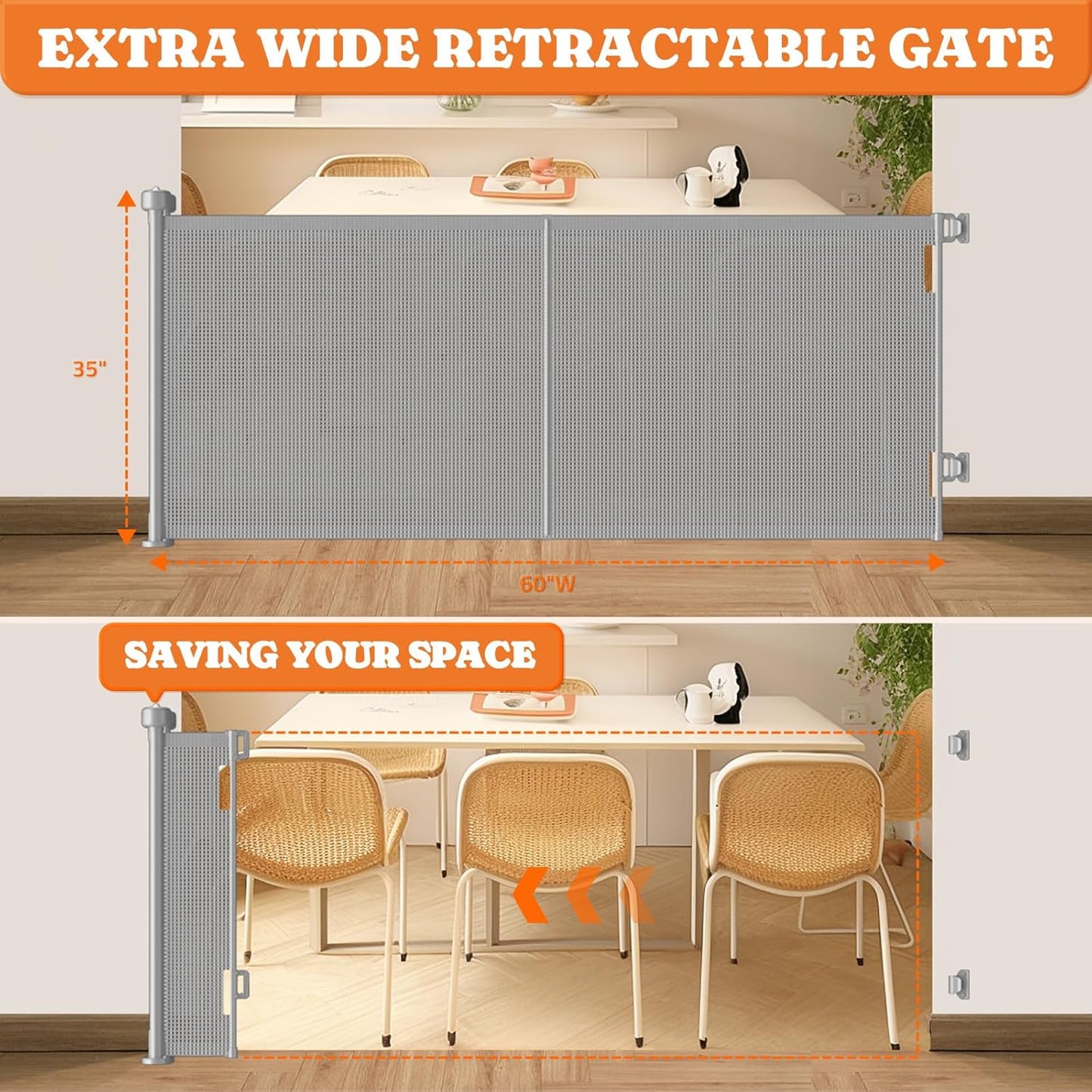 Upgrade Retractable Baby Gates, 35" Tall Extends up to 60" Wide, Mesh Dog Gate Indoor for Stairs, Outdoor Reinforced Pet Gate with Support Rods for Doorways Hallways Kitchen Bedroom, Grey