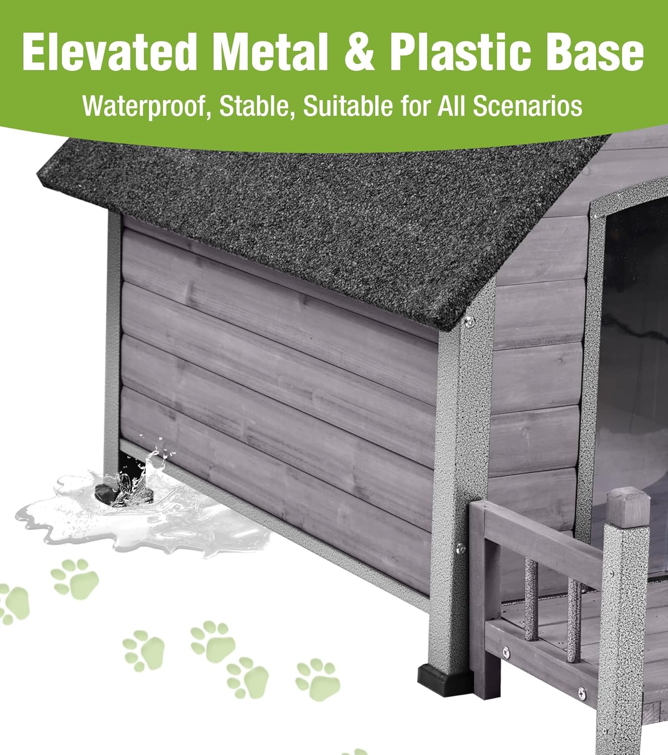 GUTINNEEN Insulated Dog House Outdoor, Waterproof Dog Kennel with Anti-Bite Design, Asphalt Roof, Elevated Base, PVC Curtain, for Small to Medium Dogs - Grey