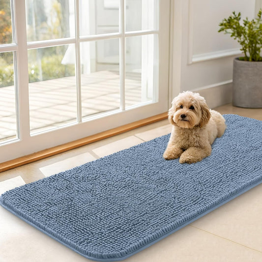 OLANLY Dog Door Mat for Muddy Paws 47x20, Absorbs Moisture and Dirt, Absorbent Non-Slip Washable Doormat, Quick Dry Chenille Mud Mat for Dogs, Entry Indoor Entryway Carpet for Inside Floor, Airy Blue